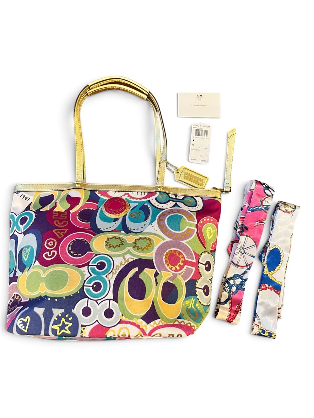 Coach Poppy Signature C Tote Graffiti Gold Trim, Hangtag, 2 Purse Scarves - Picture 2 of 15
